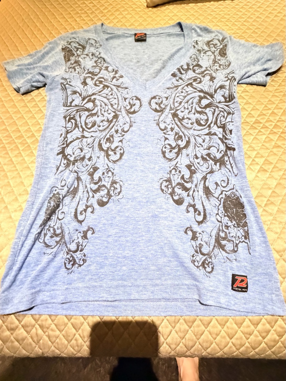 Pistol Pete Graphic V-neck T-shirt - Small - Sky Blue with black graphics
